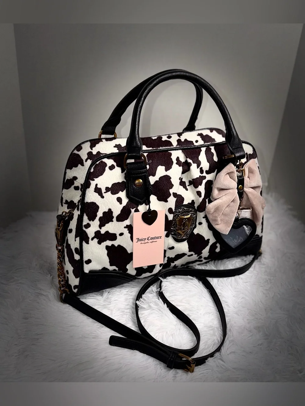 Juicy Couture Black & White Cow Print Satchel with Pink Bow Charm